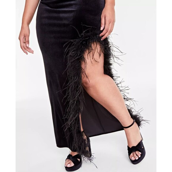 B Darlin Women's Trendy Plus Size Velvet Feather-Trim Gown Maxi Dress Black 20W - Picture 5 of 14